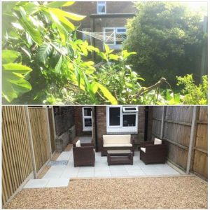 Before and after picture of garden and patio poole